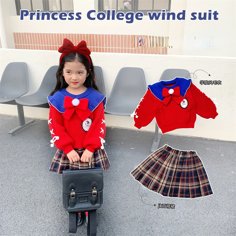

Autumn Kids 2 Pcs High School Uniform Set Girls Sailor Collar Sweater Suit Plaid Pleated Kilt Skirt College Style Christmas