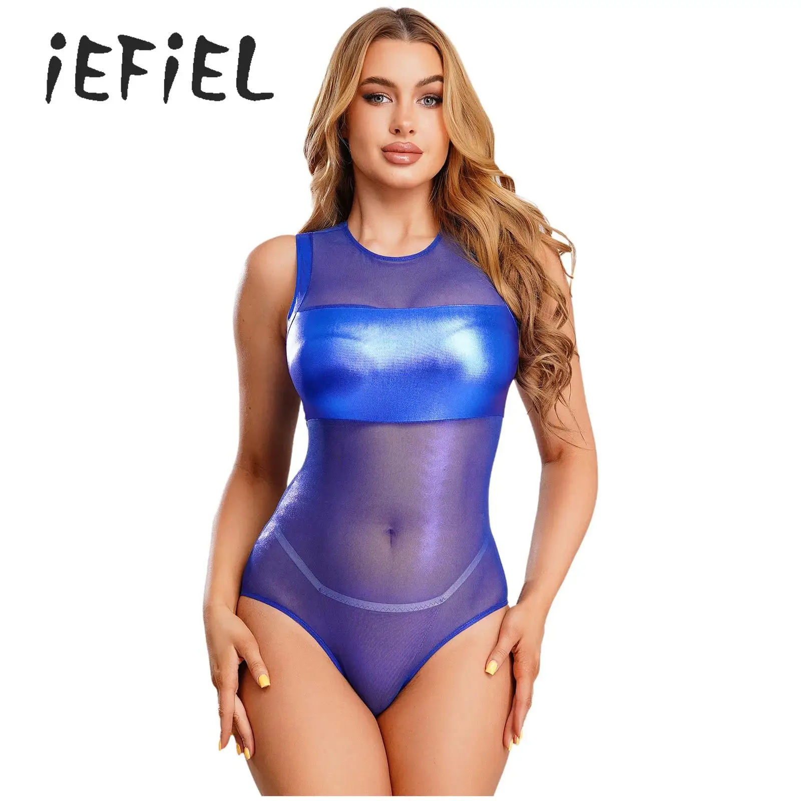 

Womens Glossy Swimsuits Sheer Mesh Patchwork Metallic Shiny Bodysuit Sleeveless Zipper Back Leotard Jumpsuit Beachwear Swimwear