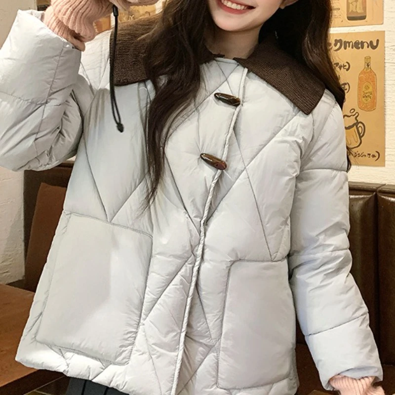 

Autumn and Winter Fashion Horn Button Down Cotton Women's Short Knitted Collar Zipper