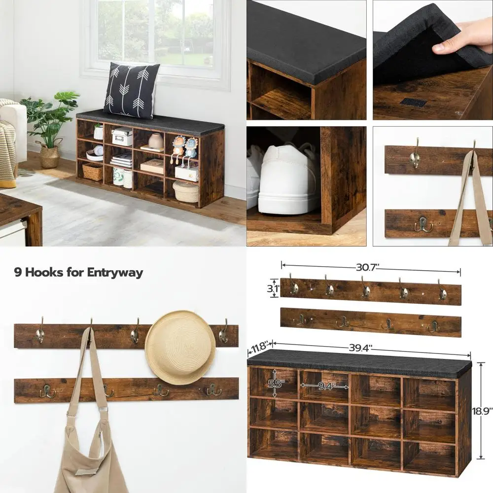 

Shoe Storage Bench with Cushion, 39.4" L Entryway Bench with 12 Cubbies, Entryway Hall Tree with Storage, Shoe Cabinet with Coat