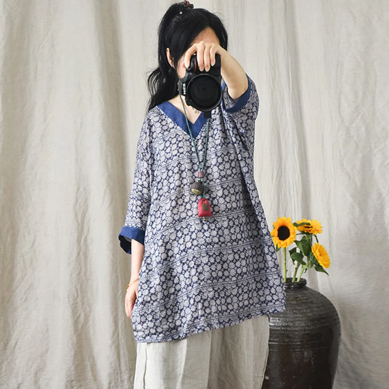 

Women Cotton Linen Casual T-shirts New Arrival 2025 Summer Vintage Style V-neck Print Loose Female Ramie Long Tops Tees M817