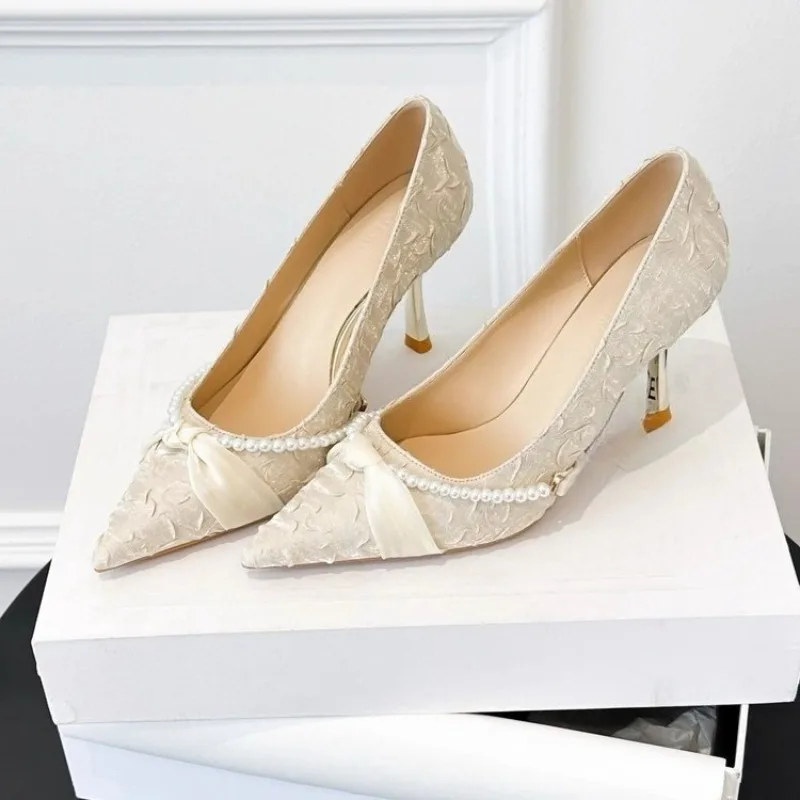 

Beaded Slip-on Slim Heel Single Shoes Autumn New Pointed Toe Shallow Mouth Cloth Surface Anti-Slip Wear-Resistant High Heels