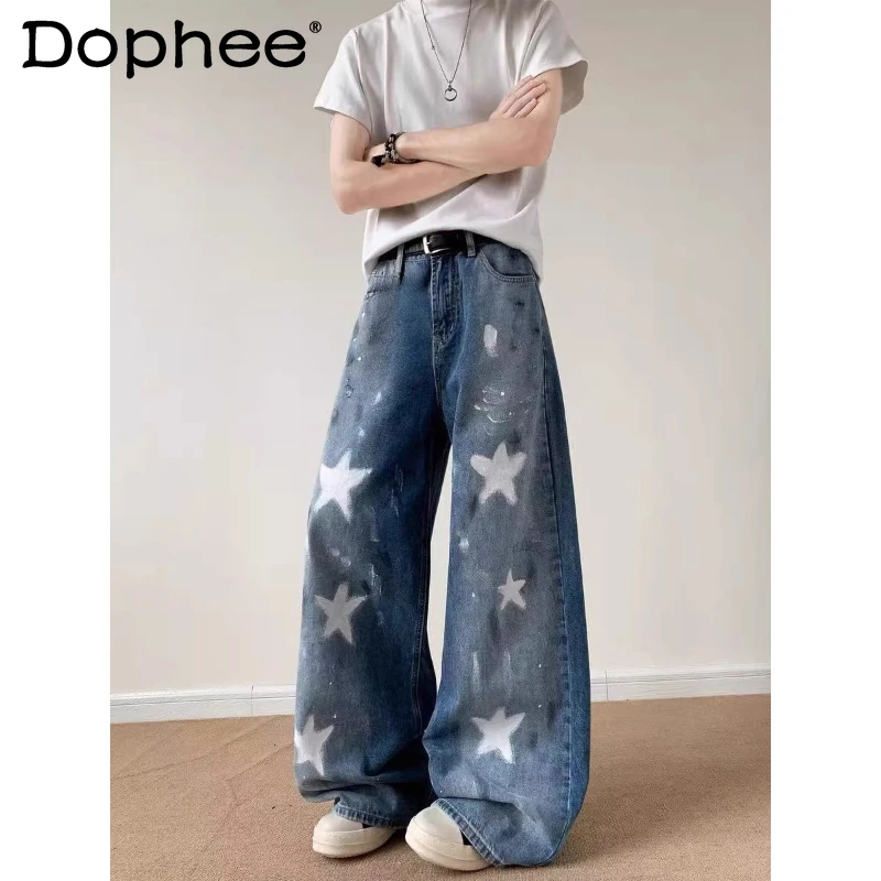 

American Style Retro Star Print Ink Splash Jeans Men Women 2025 Autumn New High Street Loose Denim Trousers Wide-Leg Denim Pants