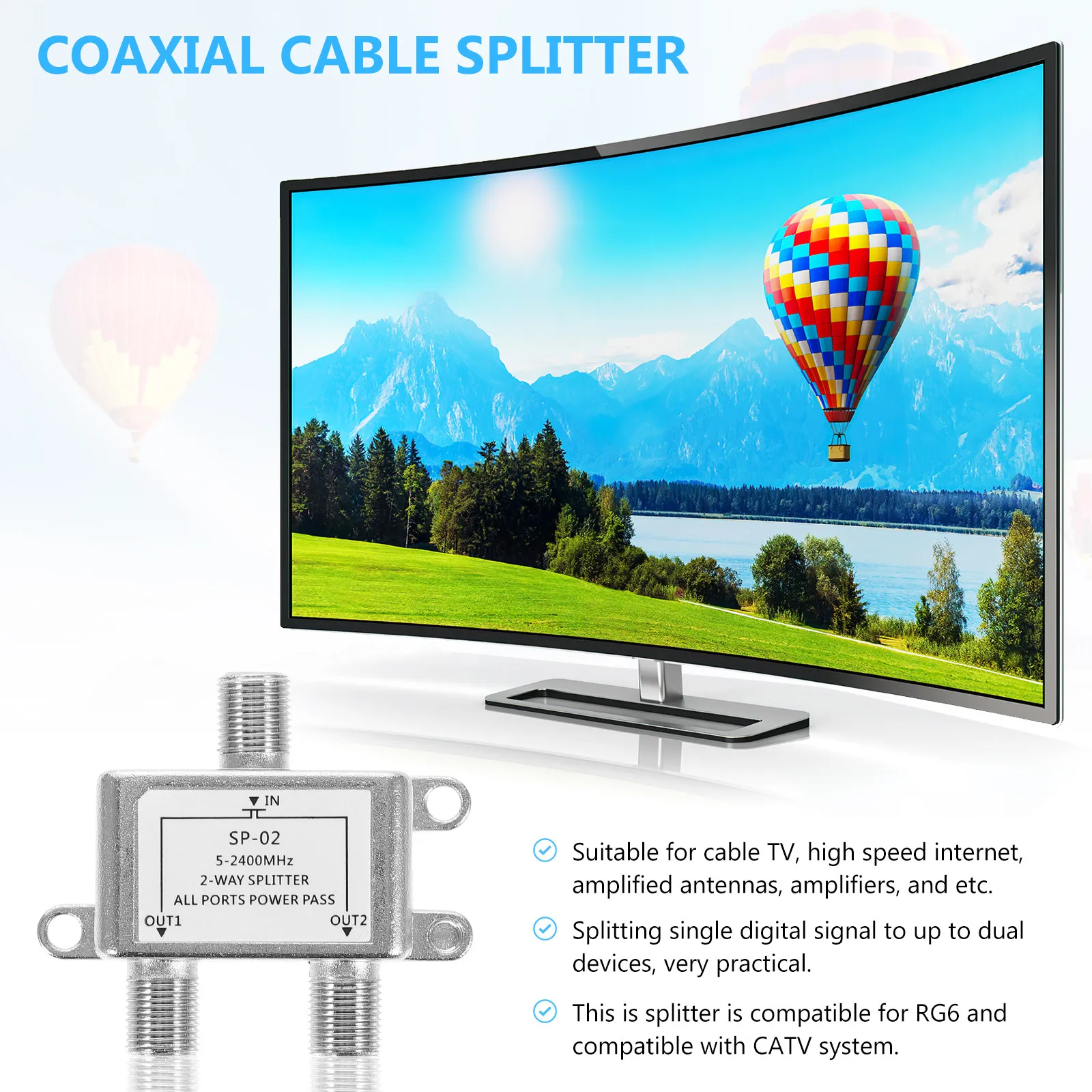 Coaxial Cable Splitter 5-2400Mhz 2 Way Split Signal for Cable TV Satellite Amplified Antenna Amplifier Systems
