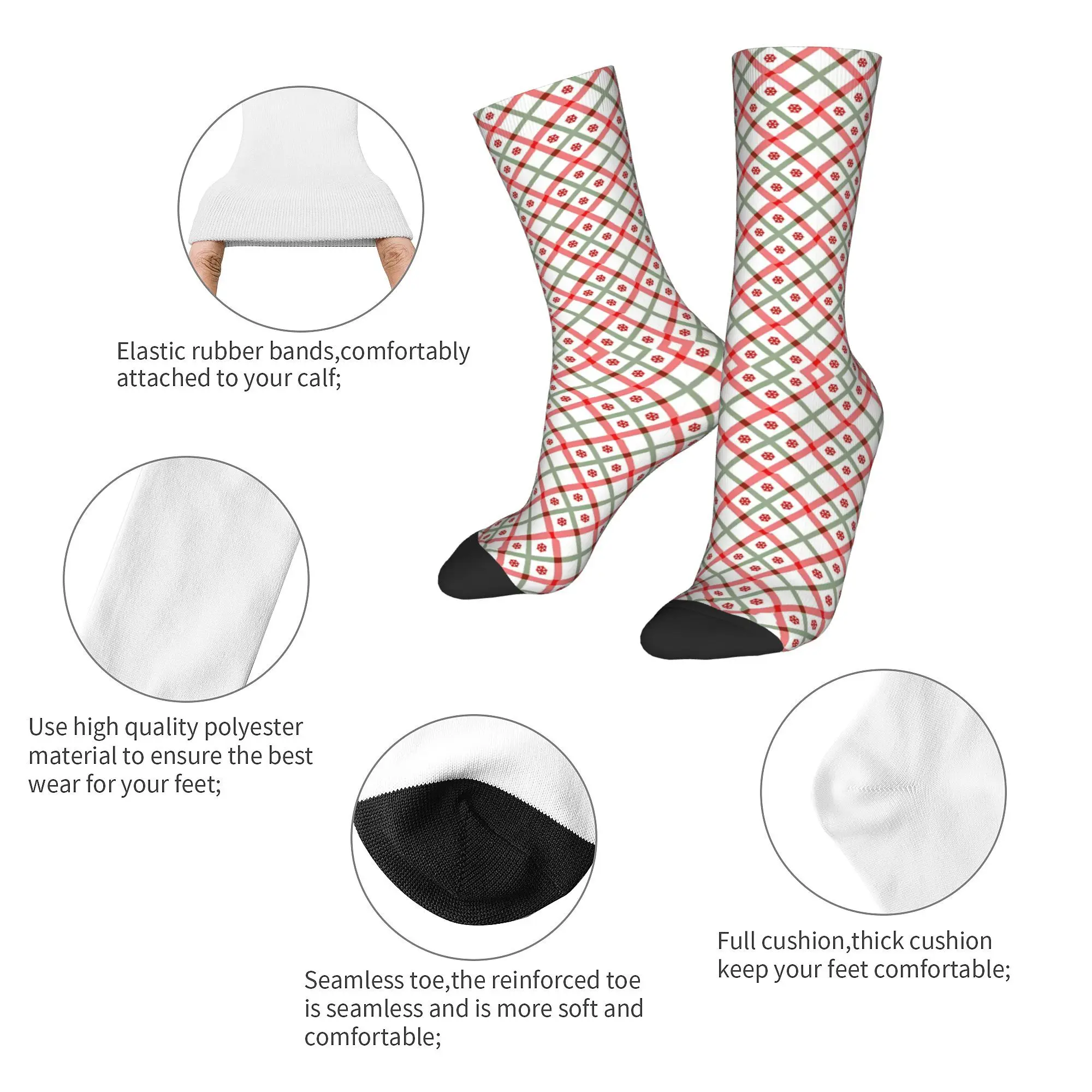 Retro Christmas Plaid Diamond Pattern Football Socks  Polyester Middle Tube Socks for Unisex Non-slip