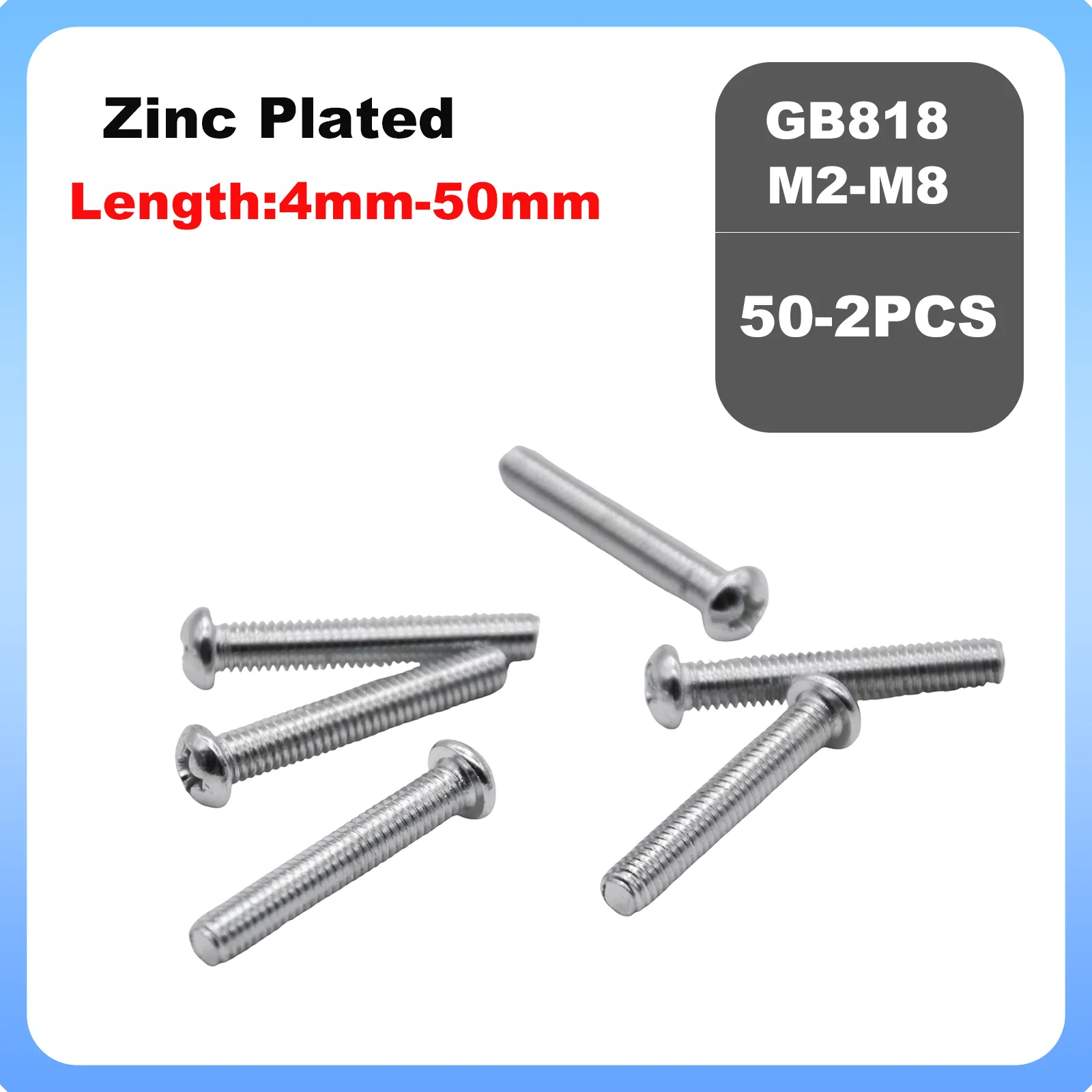 2-50Pcs GB818 Cross Phillips round Pan Head Screw Bolt Zinc Plated M2 M2.5 M3 M4 M5 M6 M8 - Assorted Size Pack