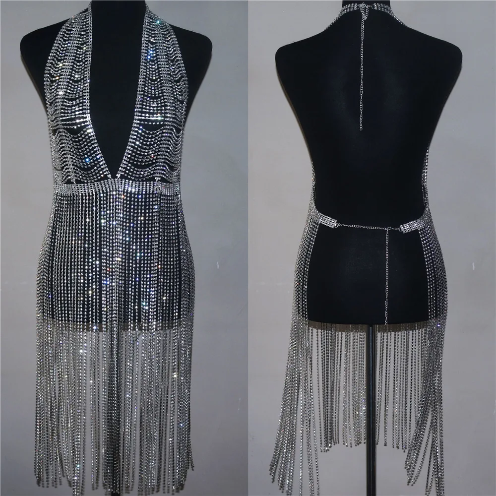 Hot rhinestone long fringe skirt chain Fashion sexy little V-neck halter top luxury dress body chain