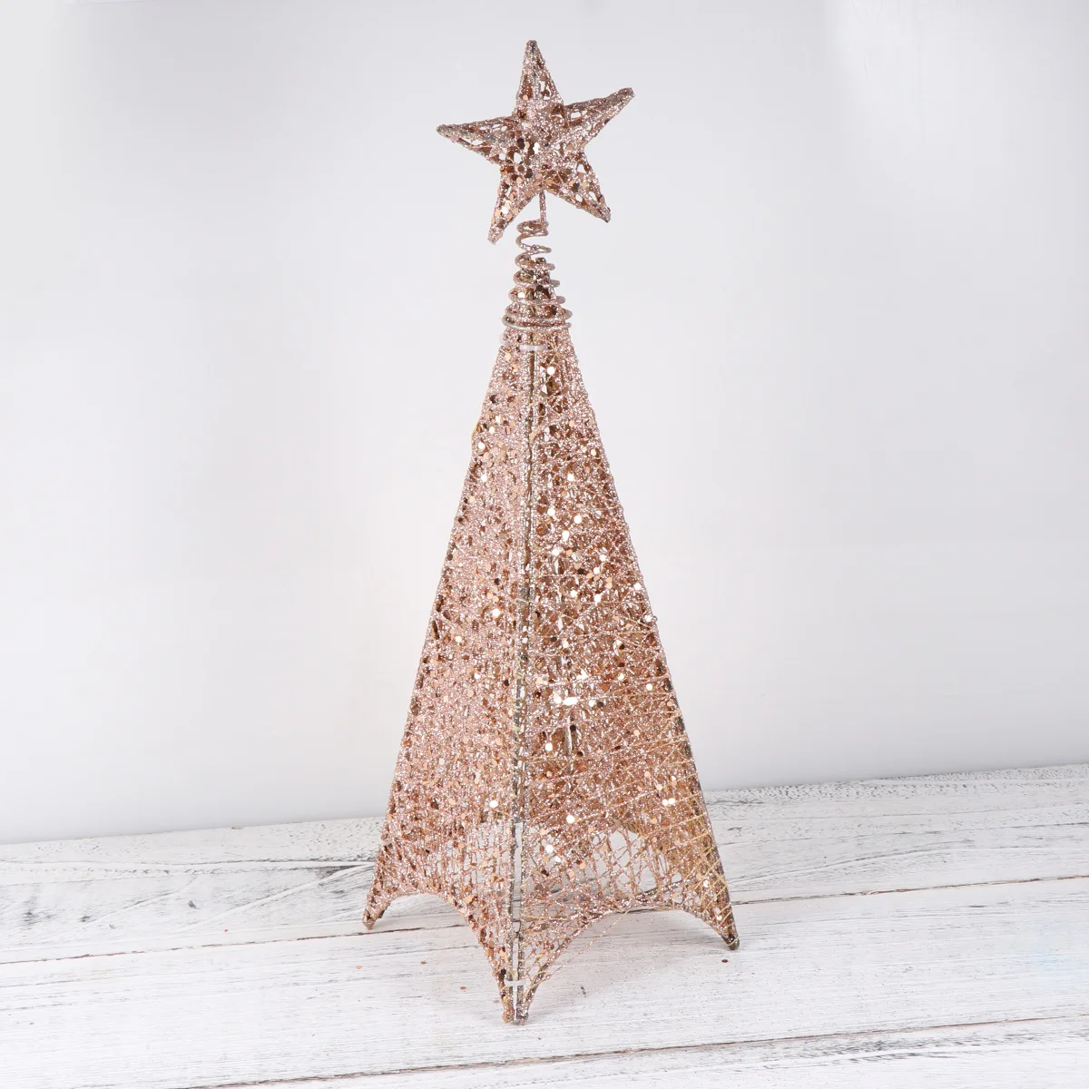 

40Cm Festive Glowing Christmas Decoration Tower Form Metal Tree Standout Holiday Piece for Indoor Celebration Rose Gold Finish