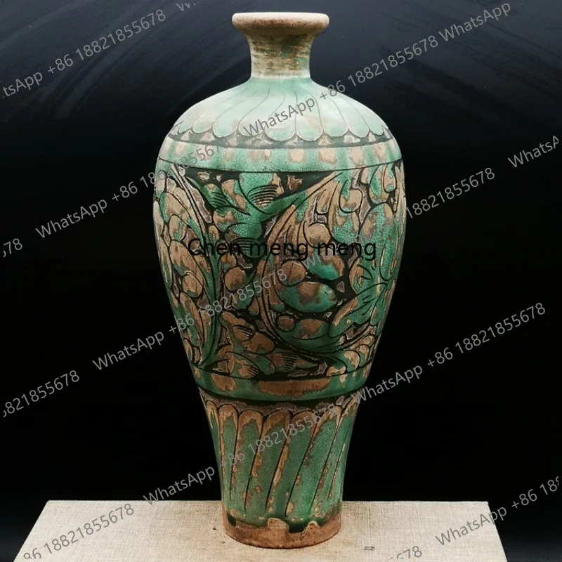 Kiln green glaze engraved peony plum vase, old goods and old objects, porcelain ornaments