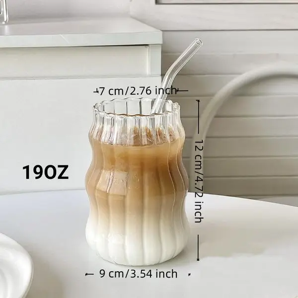 6 Pcs 19oz Glass Coffee Cup Set - Striped Cloud Design for Tea, Milk, Juice & Water