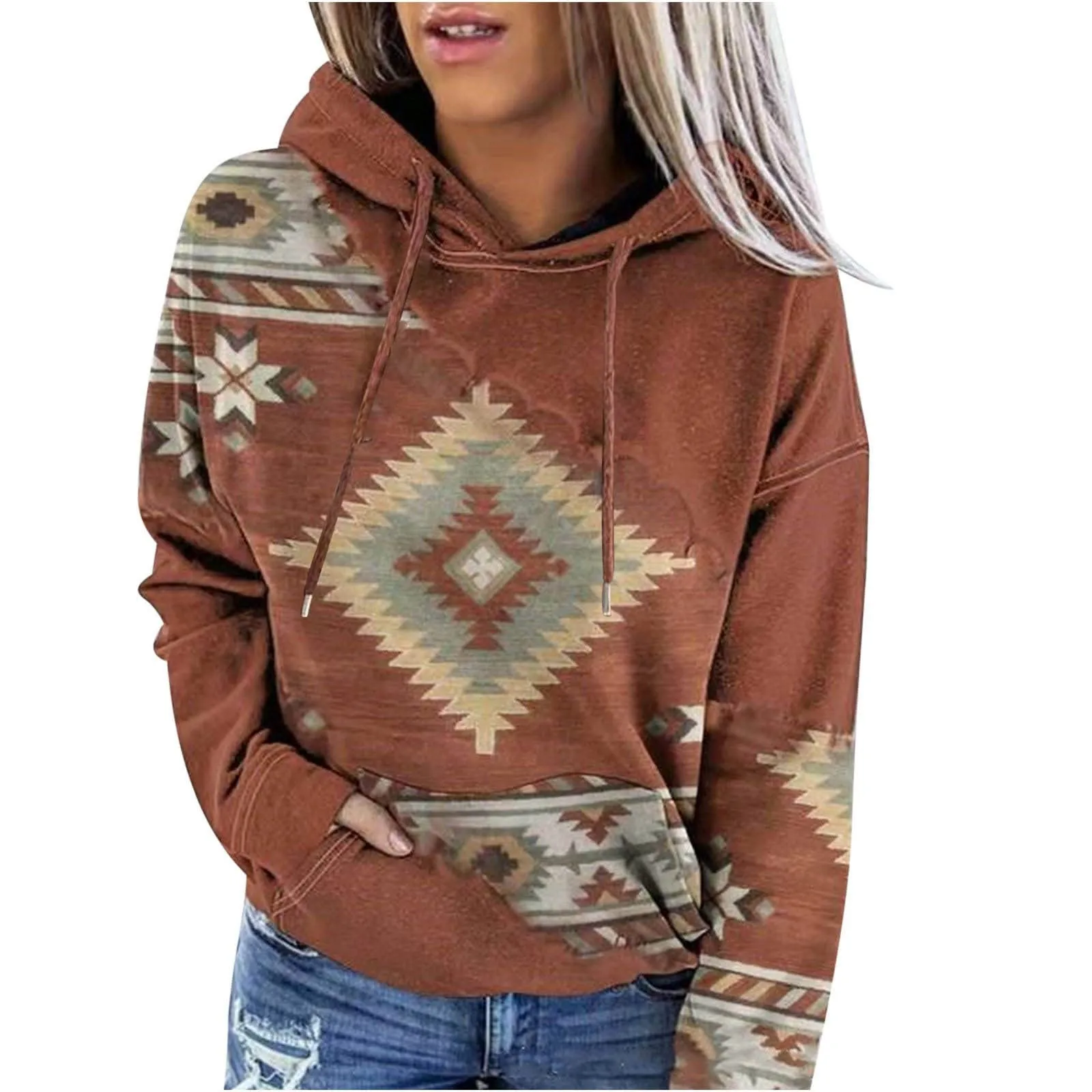 Women’s Hooded Pullover Western Ethnic Style Print Casual Geometric Horse Print Long Sleeve Drawstring Sweatshirt Tops