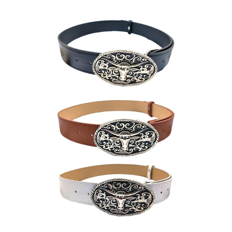 

Ethnic Metal Buckle Belt Women Fashion Engraved Belt PU Leather Cowboy Belt