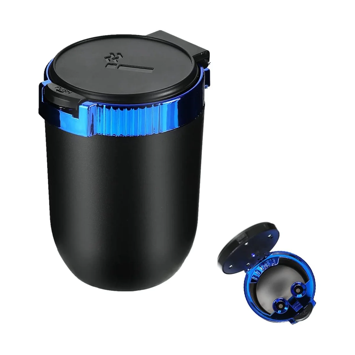 Car Ashtray with Lid Portable Ash Tray Blue Mini Car Trash Can with LED Blue Light Windproof for Outdoor Travel