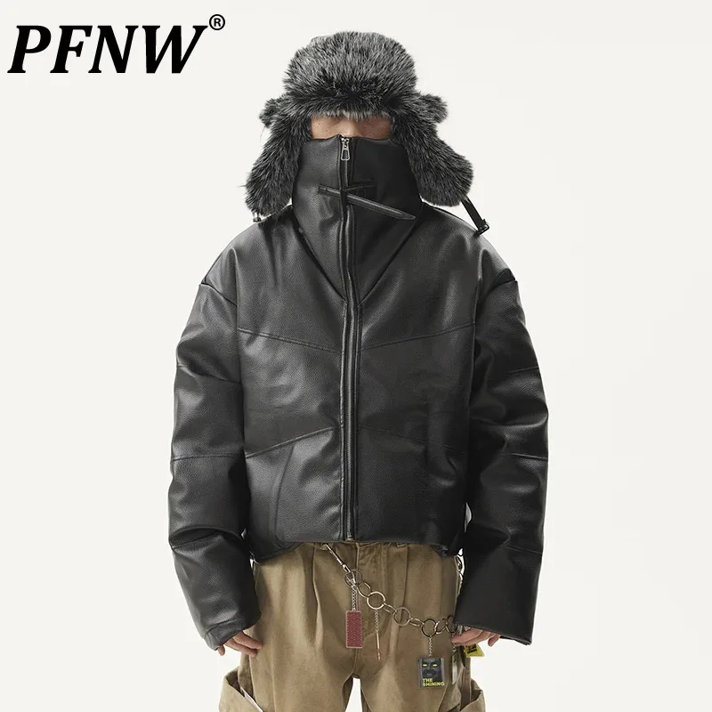 PFNW American Vintage Niche Design Stand Collar PU Leather Cotton-padded Coat For Men Trendy Warm Winter Cotton Jacket For Men