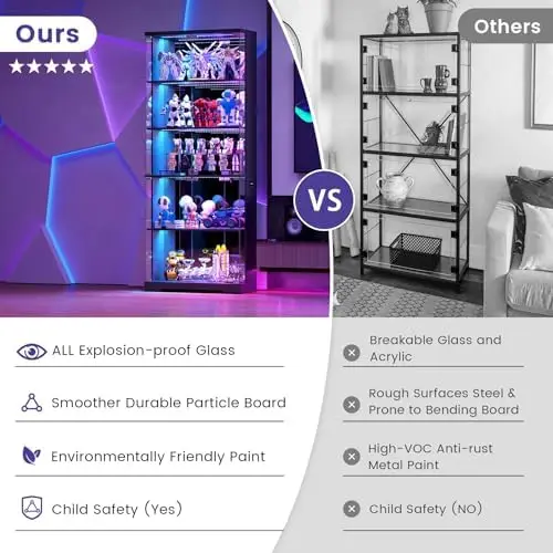 Glass Display Cabinet with Doors and RGB LED Lights | 69" Tall Curio Cabinet, 5-Tier Wooden Shelves, Lockable Display view 4