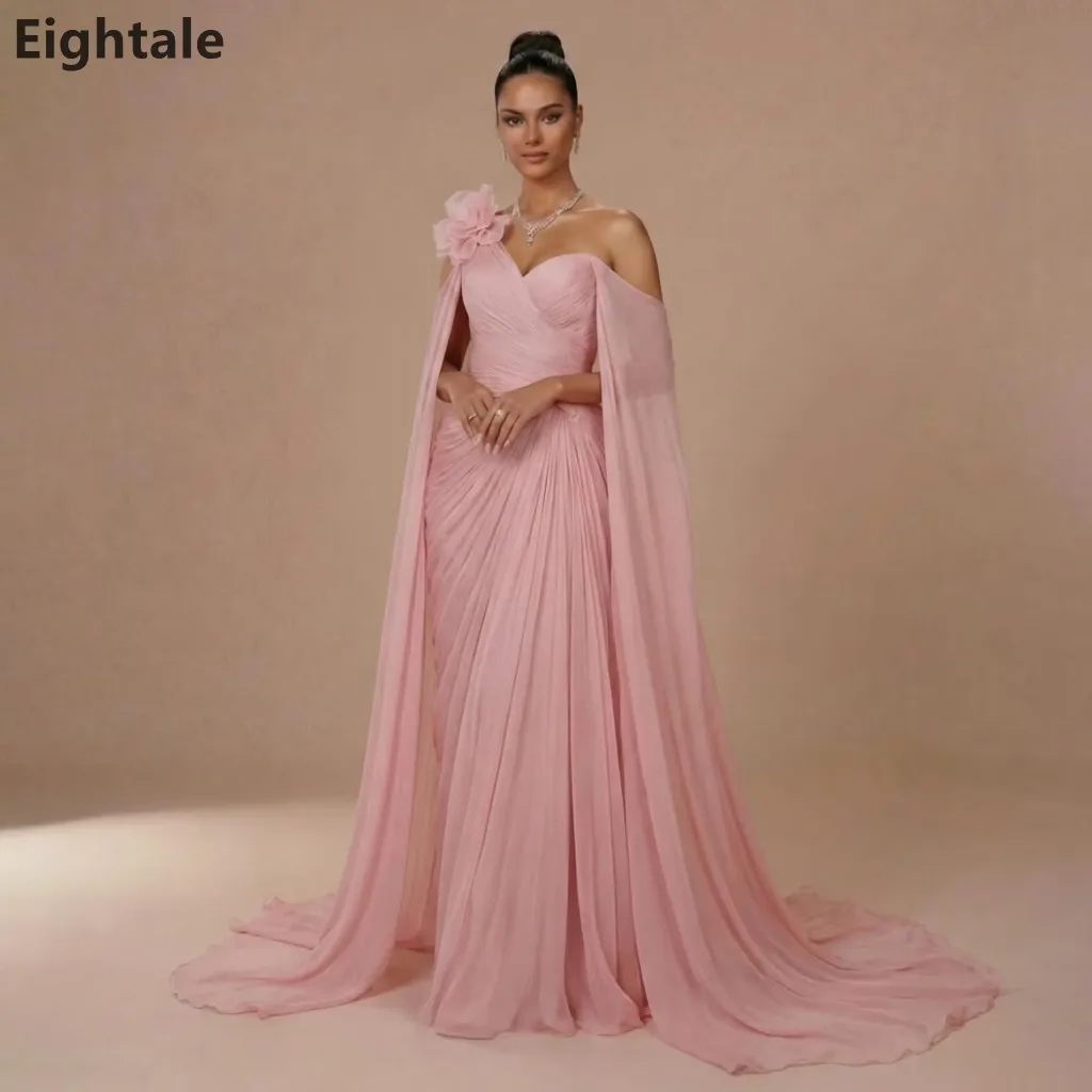 

Eightale 2026 One Shoulder Sheath Blush Pleated Chiffon Evening Dress Cape 3D Floral Accent Formal Prom Party Gown Customized