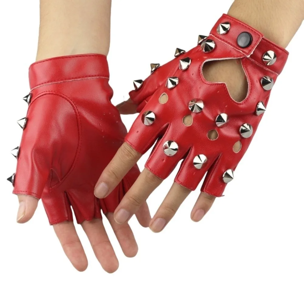 Motor Fingerless Rivet Gloves PU Leather Leopard Print Half-palm Gloves Gothic Y2K Patent Leather Gloves Girls