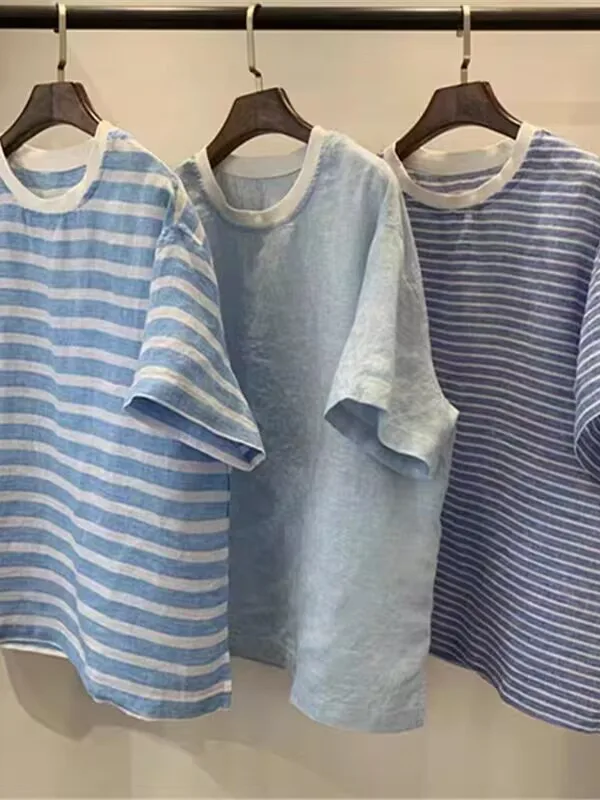 

Японская женская футболка в полоску Faionable Young Looking Linen ort Sve, летняя свободная повседневная универсальная футболка Fre Top