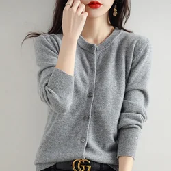 Sweater Knitted Cardigan Button Jacket 2024 Autumn Winter O-neck Long Sleeve Casual Short Tops for Women Sweater Grey White