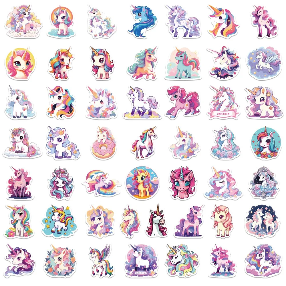 50PCS Cartoon Colorful Unicorns Stickers Aesthetic Phone Bike Wall Scrapbook Motorcycle Waterproof Sticker for Kids Toys Gifts