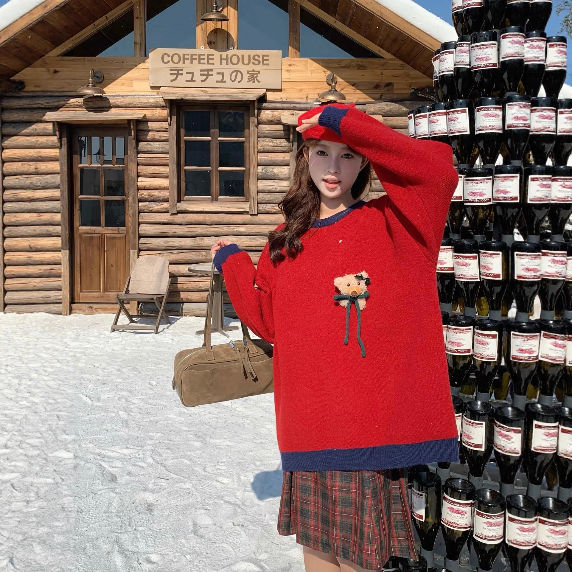 2025 الخريف الشتاء النسخة الكورية فضفاضة عيد الميلاد الدب بروش أنيق الرجعية جو البلوز سترة المتضخم سترة #3