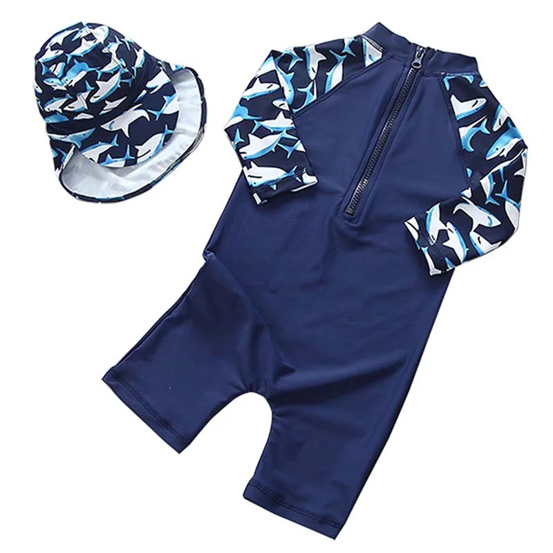 Boys Child Navy Swimsuit 1-4Y Summer One Pieces Long Shark Swimwear+Hat Kids UV Sun Protect Bathing Suit for Baby Boy Beach Wear