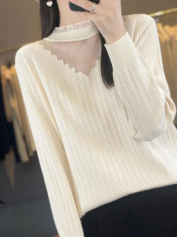 

Кружевной ажурный женский свободный модный универсальный трикотаж с полувысоким воротником