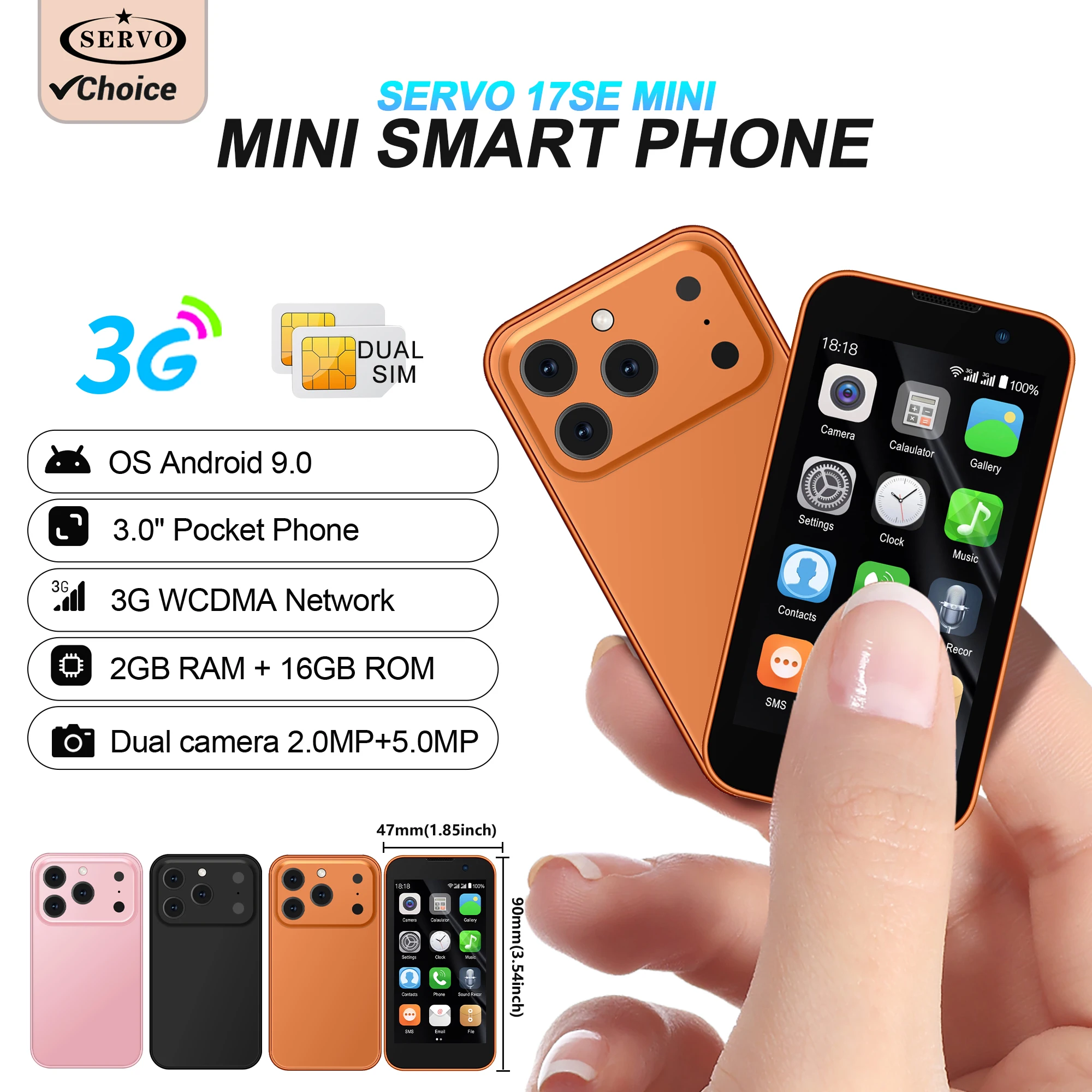 NEW SERVO 17SE Mini Smartphone 3G WCDMA Android 9.0 Dual SIM Standby 2GB+16GB Wifi GPS Play Store Pocket Smart Phone 3.0 Display