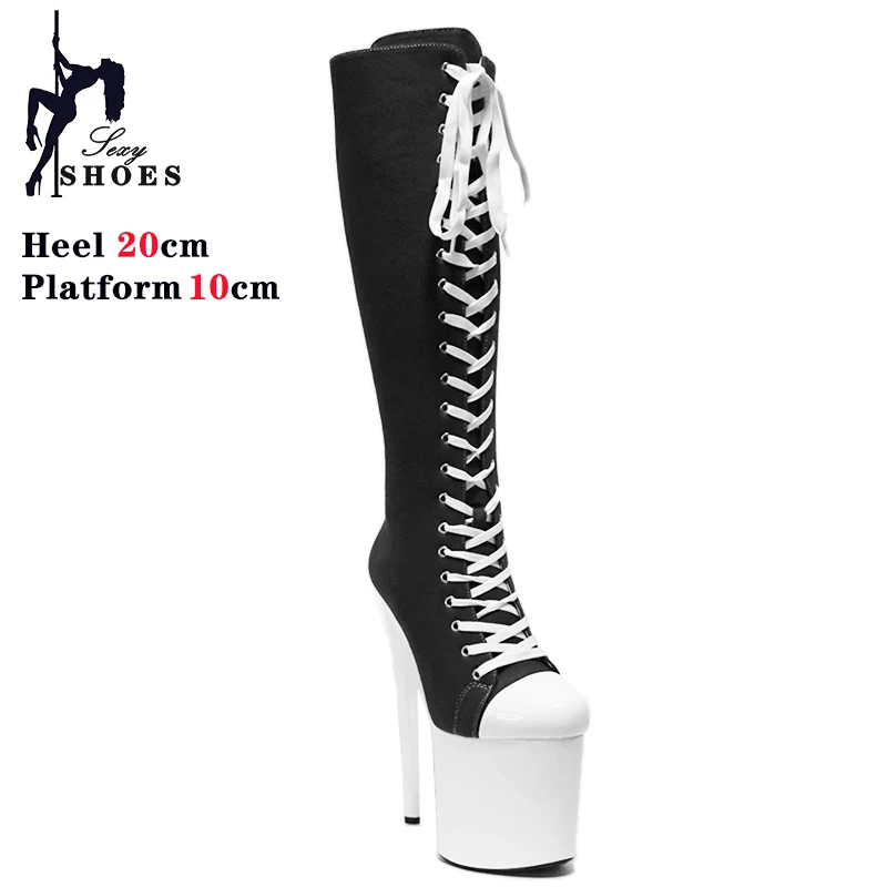 15cm 17cm 20cm Black Shoes Women Platform Side Zippe Pole Dance Boots Canvas Lace-up Stiletto Ultrahigh High Heel Mid-Calf Boots