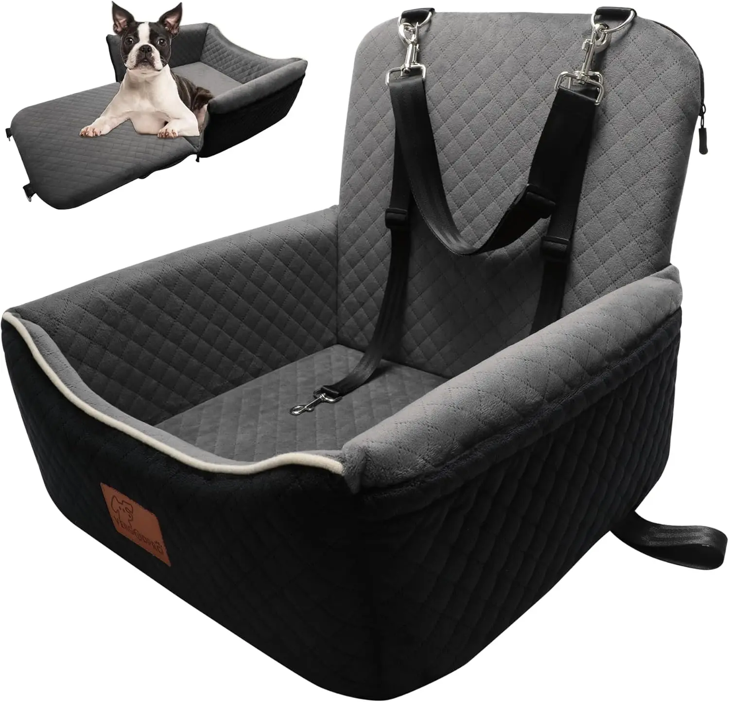

2-in-1 Dog Car Seat Bed for Small/Medium Pets up to 35 lbs, Adjustable Safety Leashes, Memory Foam, Washable and Easy Install