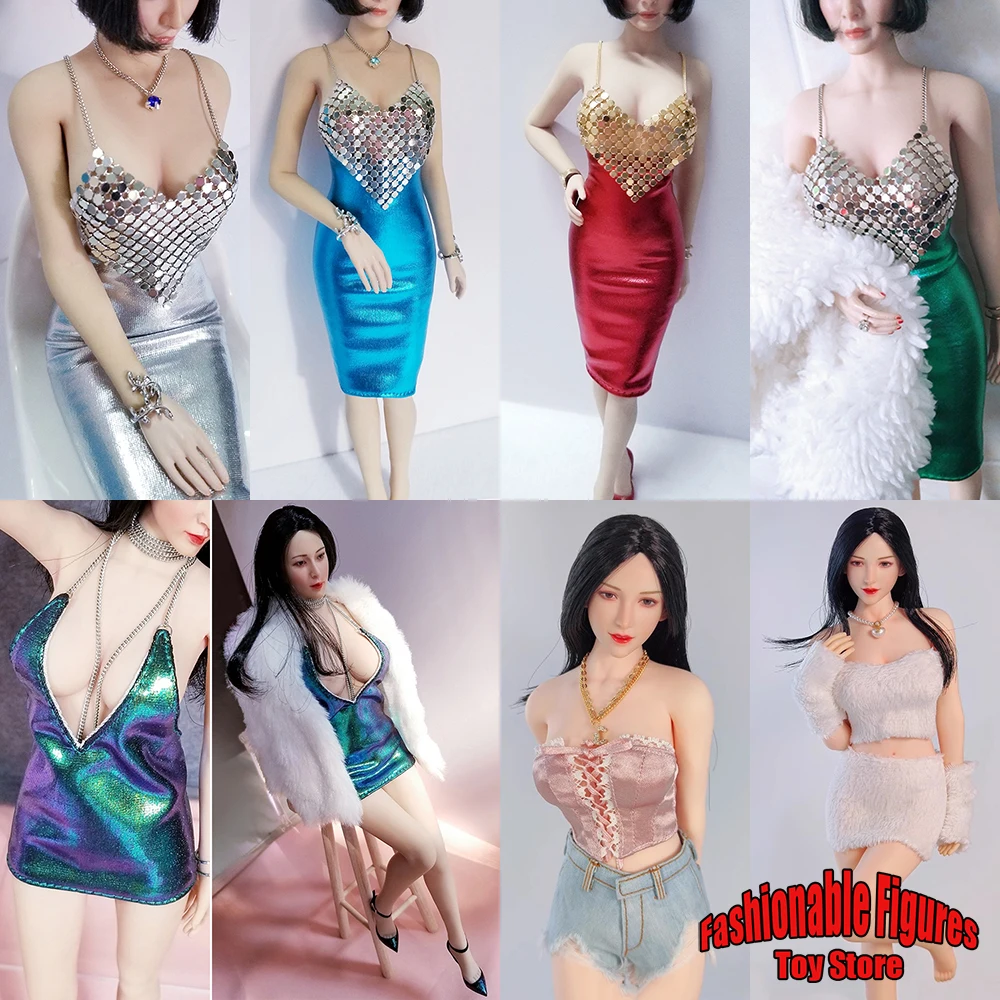 

1/6 Women Soldier Dress Gold/Silver Metal Top Blouse Outfit Hip Stretch Tight Skirt Necklace Bracelet Watch For 12" Body