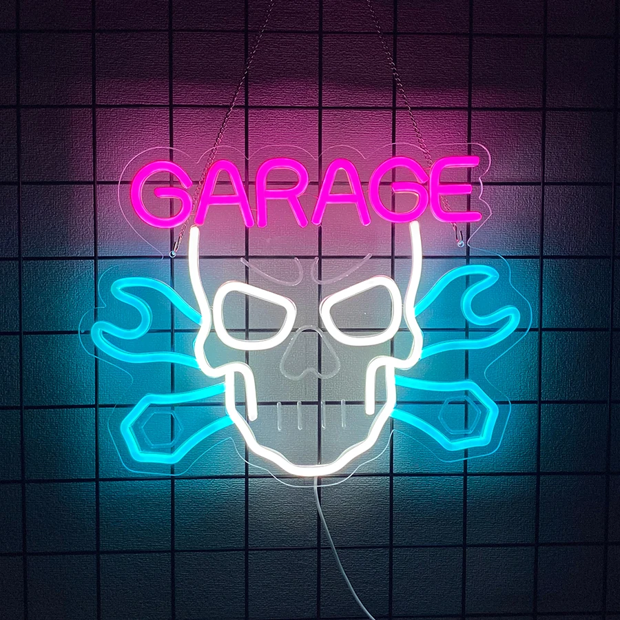 Skull Garage Car Service Automotive Neon Sign For Wall Decor With Switch Garage, Man Cave Led Neon Signs Light, Powered By Usb.