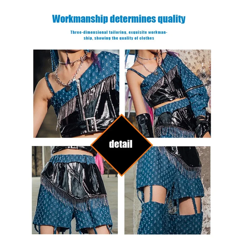 ZZL K-pop ملابس المسرح ملابس فتاة الرقص الحضري تصميم أزرق وأسود منحوت مجوف زي أداء الجاز الهيب هوب