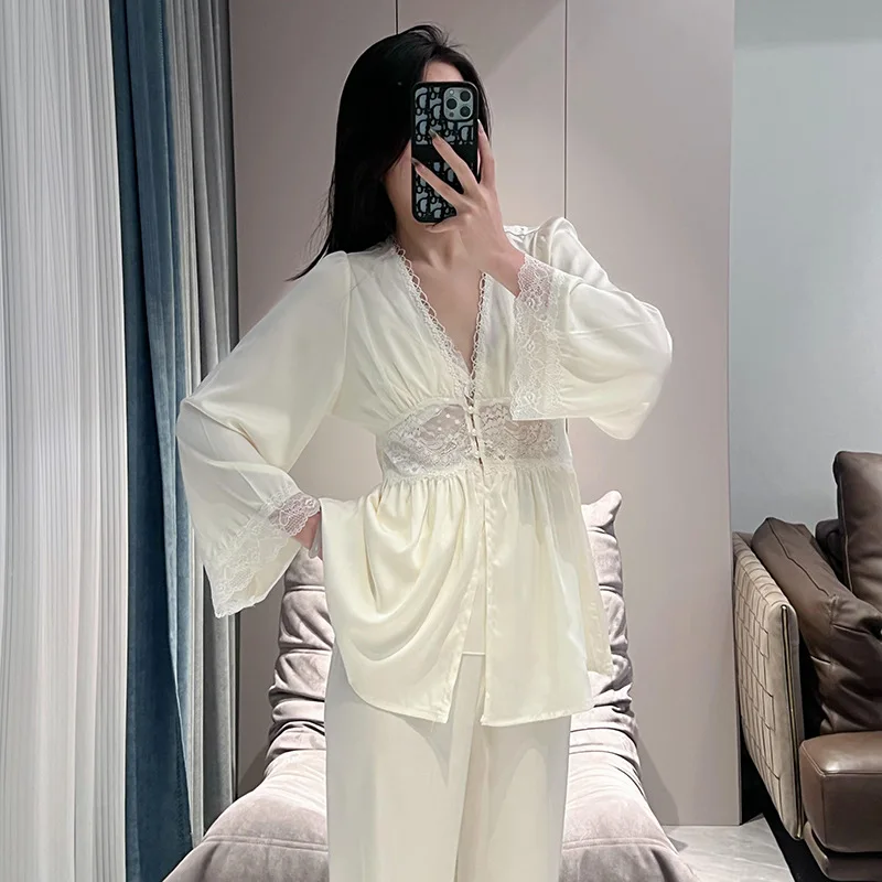 Sexy Pajamas Women Spring Autumn Ice Silk Long Sleeved Pants Suspenders Summer Home Clothing Three Piece Set Nightwear Homewear