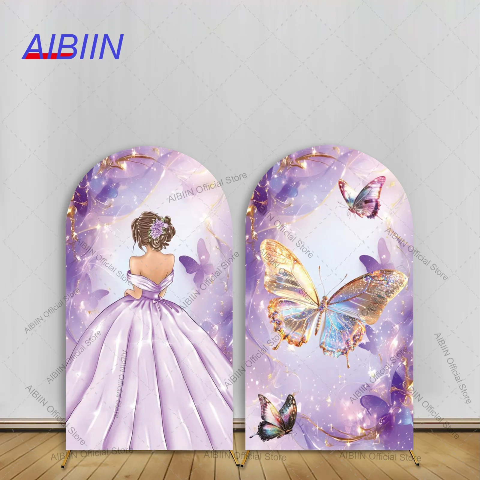 

Big Butterfly Happy Birthday Arch Backdrop Cover Purple Princess Dress Girl Baby Shower Party Decor Portrait Photo Background