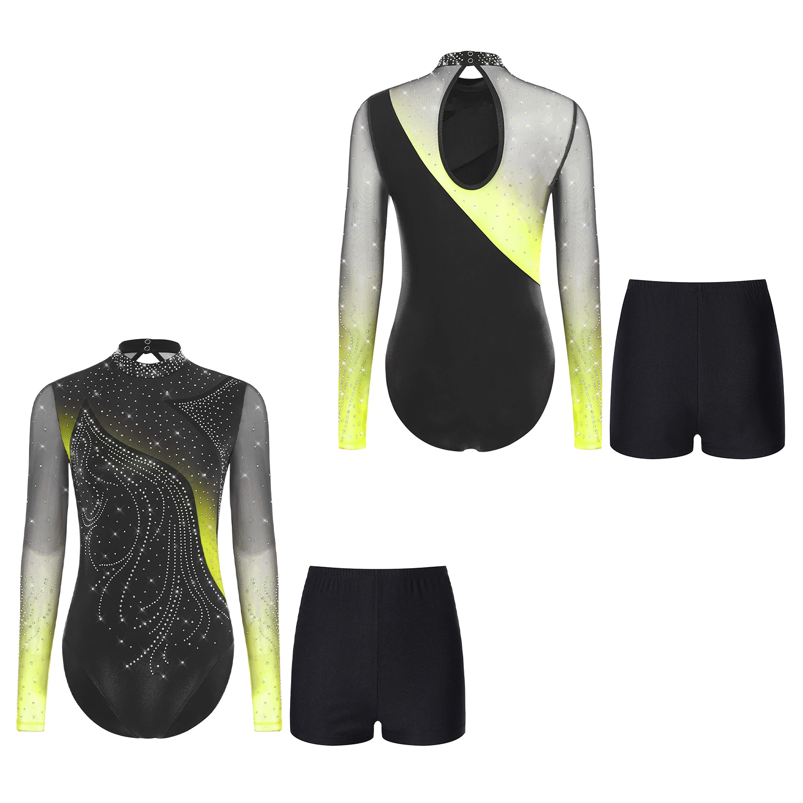 Body de baile de Ballet calado de manga larga para mujer y pantalones cortos de baile para competición de actuación de baile de Jazz, Salsa latina, Tango