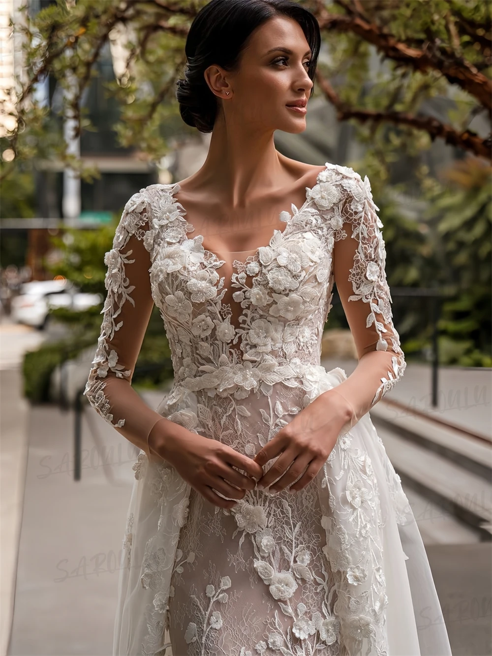 SAROULU Abito da sposa con maniche a illusione completa con applicazioni floreali 3D, abito da sposa lungo in tulle a due pezzi, abito da sposa personalizzato