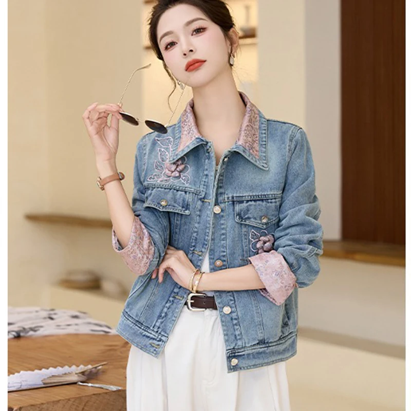 Guofeng Embroidered Denim Jacket Women 2024 Spring Autumn New Vintage Top Stitching Short Jeans Jacket Bomber Coat lady Clothing