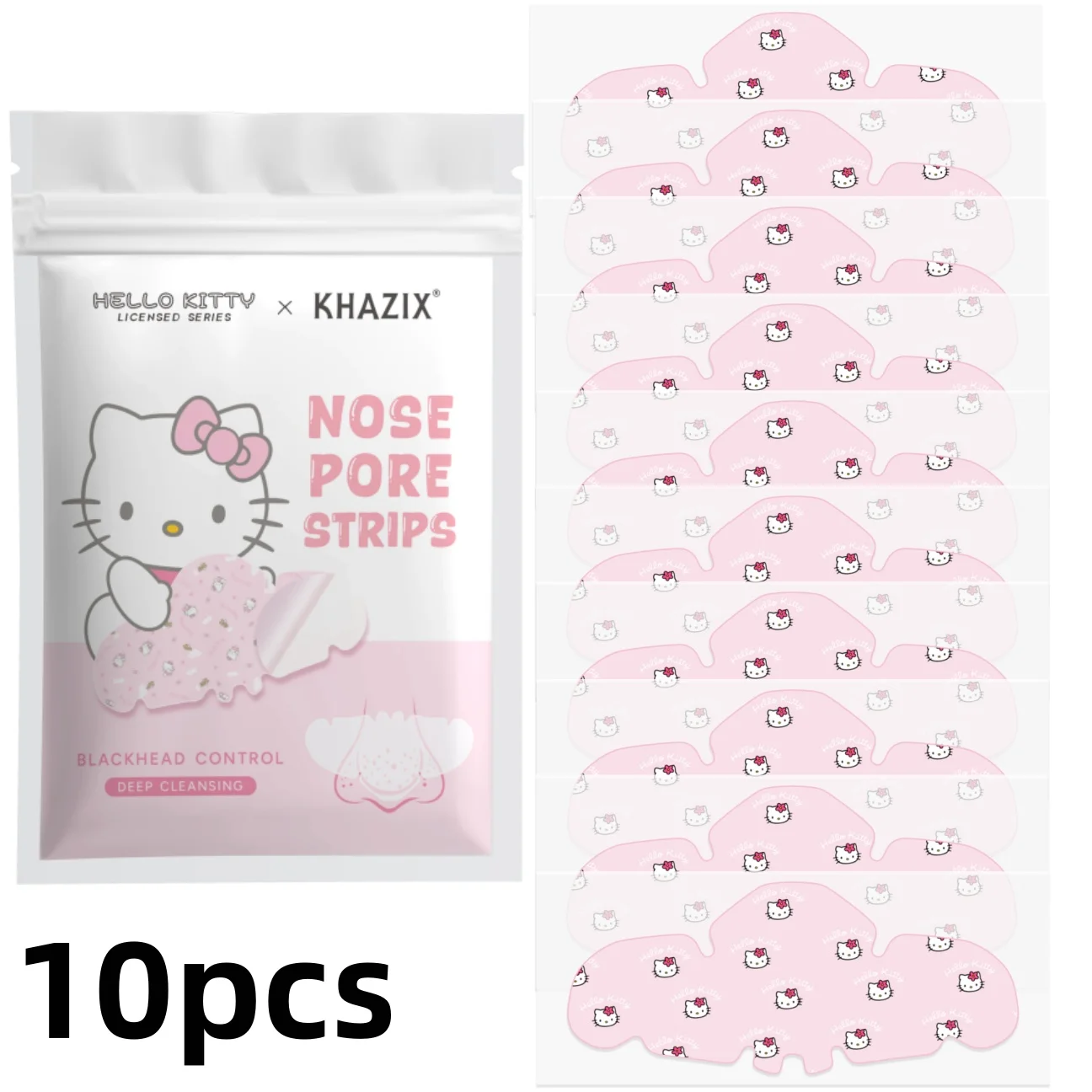10 pieces Hello Kitty nose strips for gentle blackhead removal and pore cleansing. Cleansing and repairing in one step.