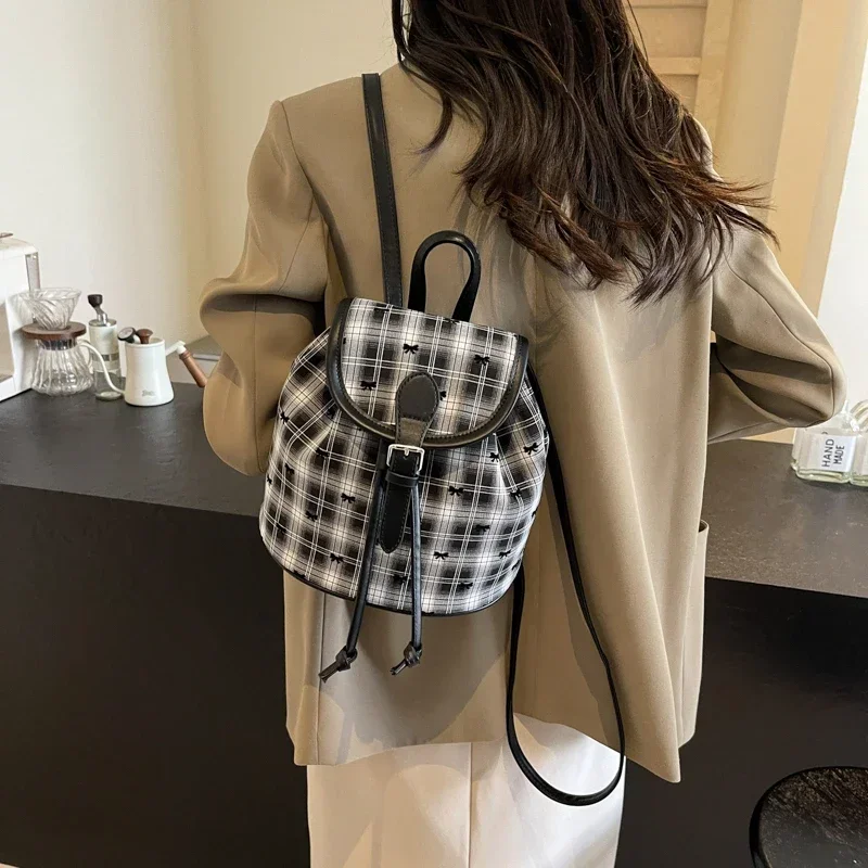 New Fashion Retro Oxford Backpack Women\'s Mini Plaid Bow Heart Embroidery Backpacks Y2K Cute Versatile Small Zipper Shoulder Bag