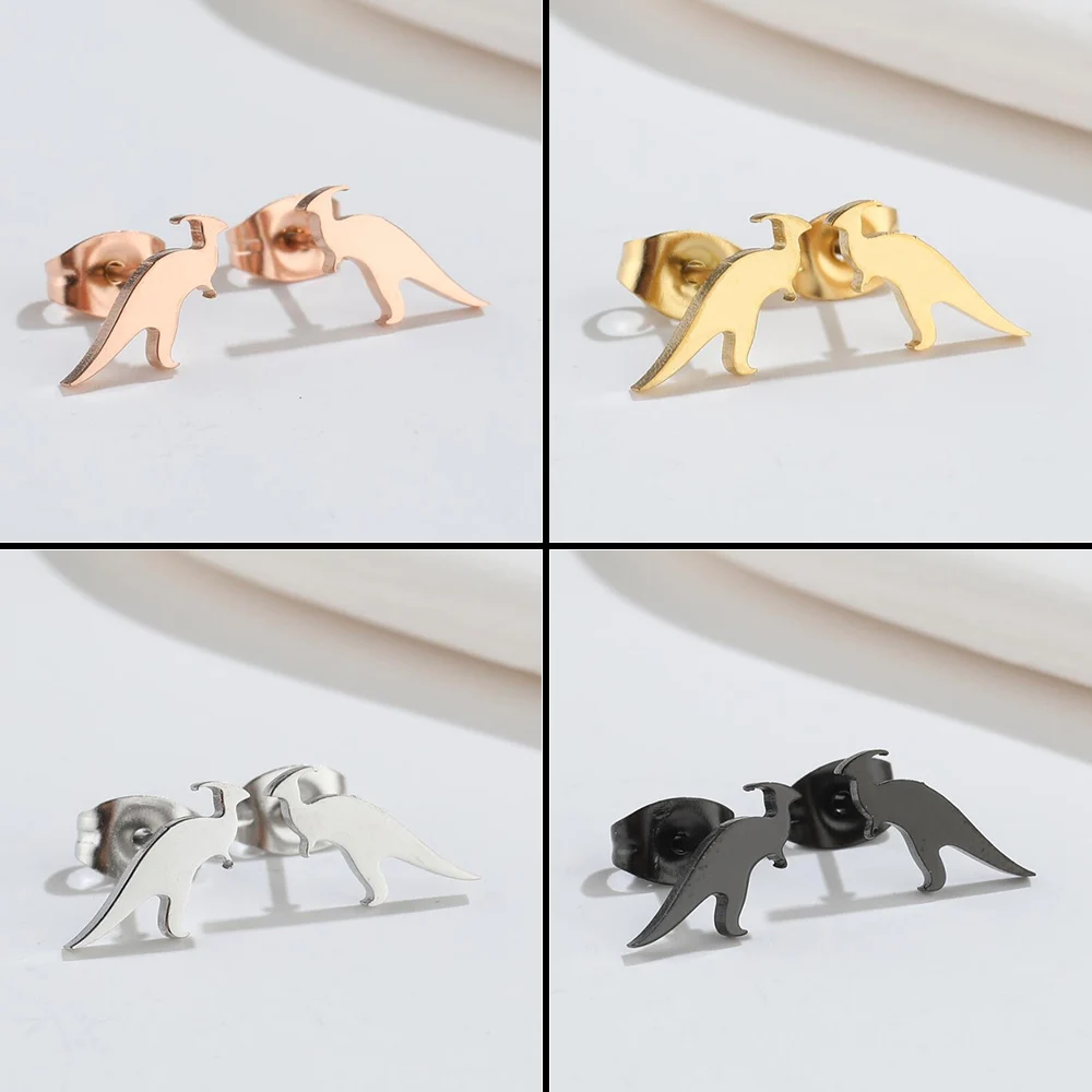 Stylish Parasaurolophus Girl Earring Animal Dinosaur Piercing Ear Surgical Steel Stud Earrings Gold Pendientes Mujer