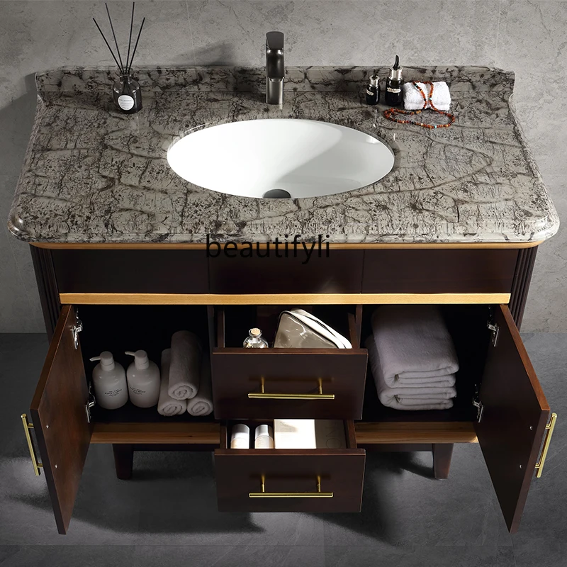 Chinese Style Black Walnut Bathroom Cabinet Washstand Floor Cabinet Wash up Sink Light Luxury Wash Basin