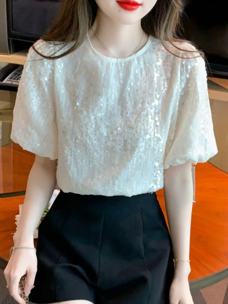Elegant Women Blue Shirts Tops Sequins Hollow Out 2023 Office Lady Chic New OL All Match Sweet Summer Casual Blouses Puff Sleeve