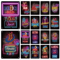 Neon Bar Club Metal Tin Sign Rock Music Pub Vintage Beer Poster Ice Cream Iron Plate Mural Cocktail Game Wall Decoration Plaque