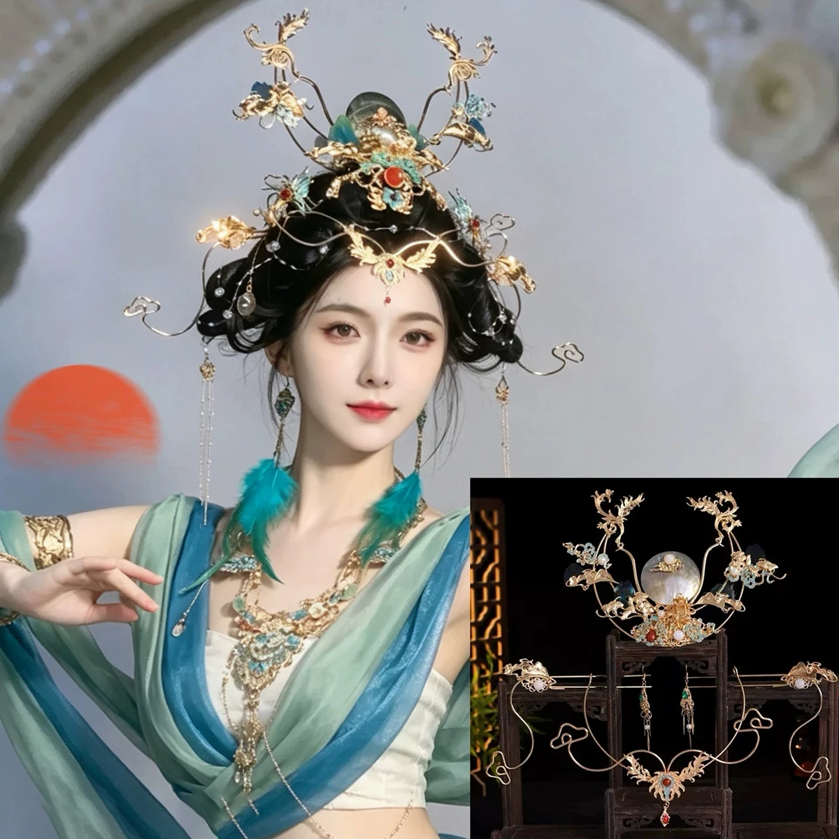 

Vintage Chinese Exotic Style Dunhuang Flying Apsaras Super Fairy Hair Phoenix Crown Ancient Hair Crown Forehead Decoration Set