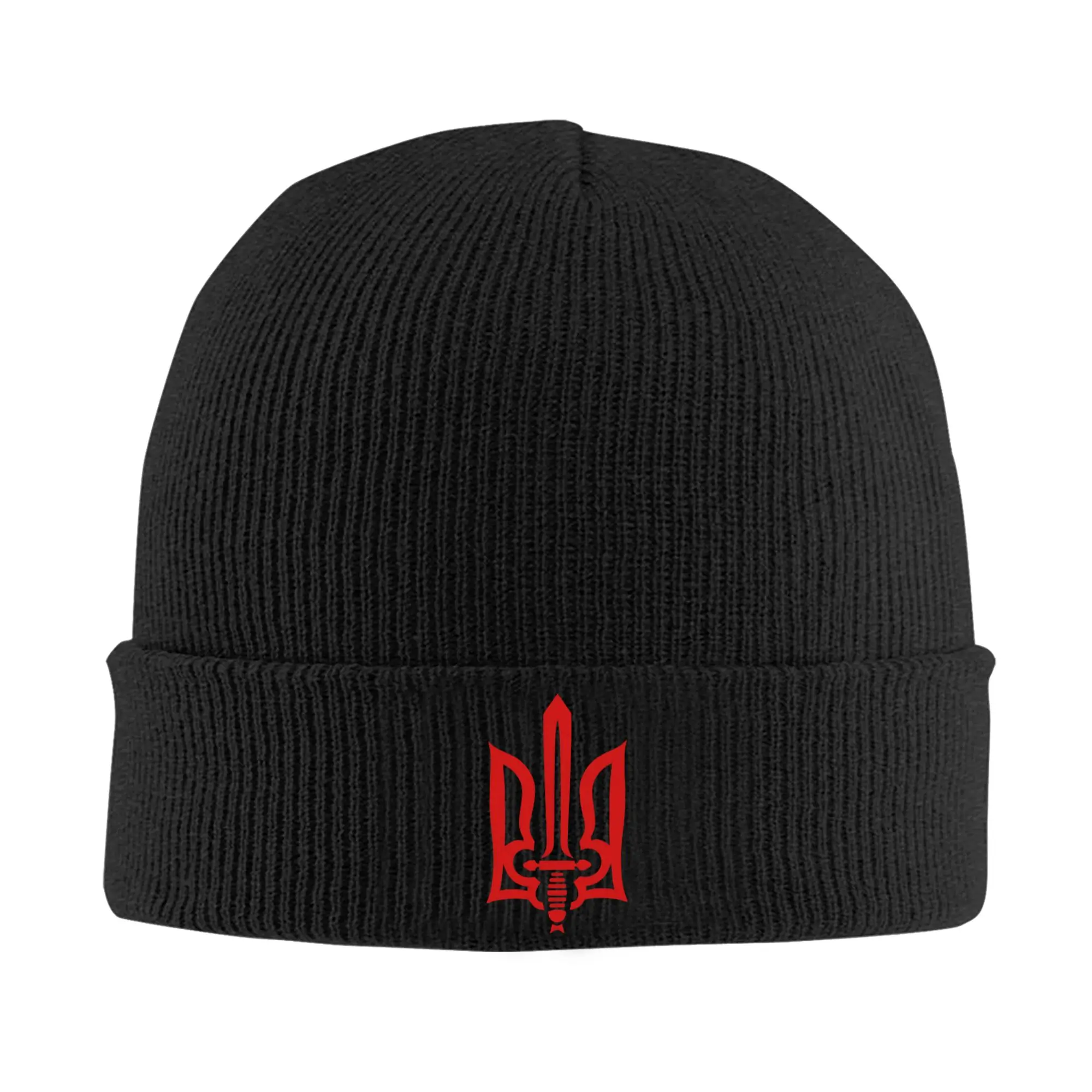 Stylized Tryzub Red Bonnet Hats Ukraine Beanie Hats Spring Design Skullies Beanies Fashion Adult Unisex Gym Warm Cap