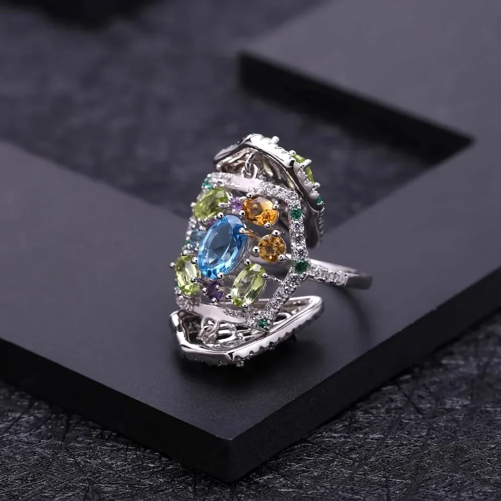 GEM'S BALLET Multicolor Natural Topaz  Amethyst Garnet Peridot Citrine Cocktail Ring 925 Sterling Silver Rings For Women