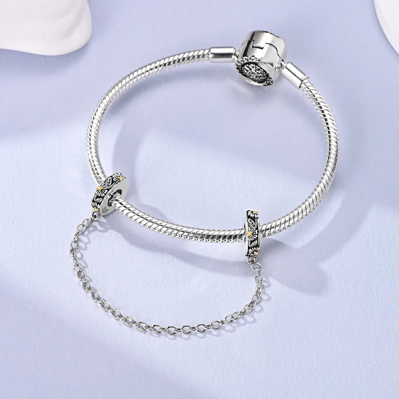 925 Sterling Silver Four Leaf Clover Bow Safety Chains Charms Beads Fit Original Bangle Bracelets DIY Jewelry Gift For Women - view 3