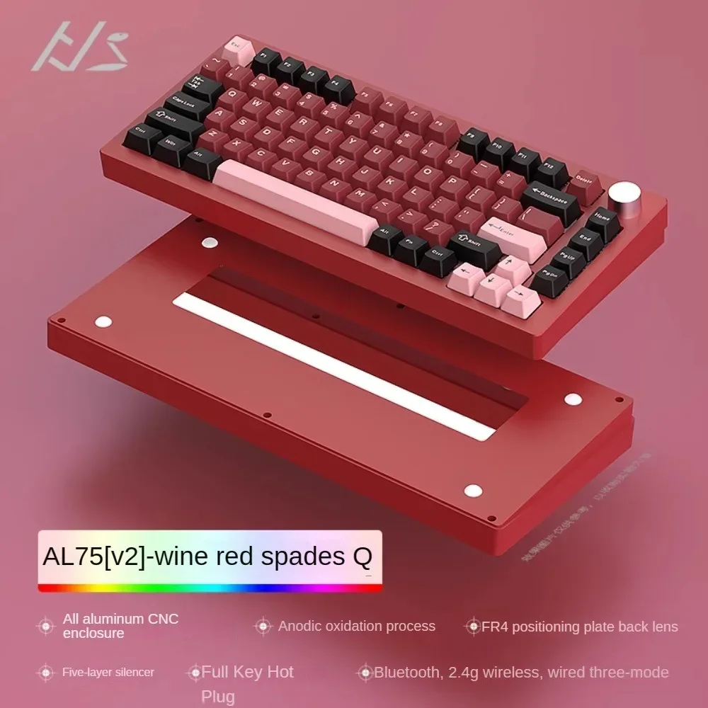 Heijishi al75v2 teclado mecânico bluetooth 2.4g sem fio com fio tri-modo rgb cnc alumínio morcego kit de posição de luz inferior diy