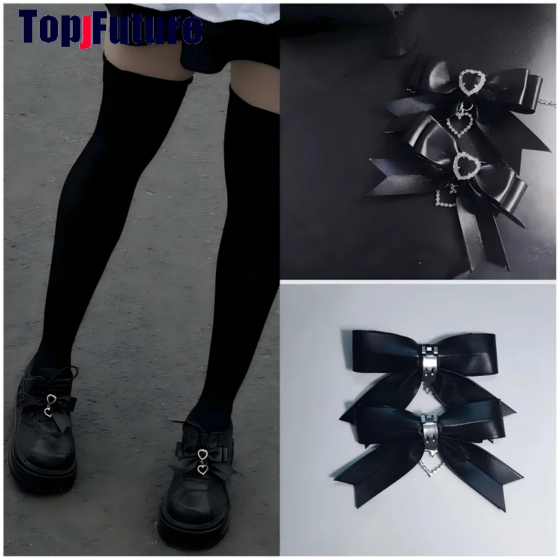 Y2K Japanese Dark Gothic Lolita Harajuku Original Leilei Handmade Leather Bow Shoe Clips Pair With Heart Rhinestone Pendant
